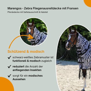 Деки для коней Marengos Zebra з бахромою, 155 см: захист від комах, з вирізом для сідла та начолею, чорно-білий колір, зовнішня деки для коней