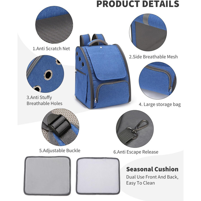 PETCUTE Рюкзак для собак та котів, дихаючий, складаний, для маленьких тварин, блакитний