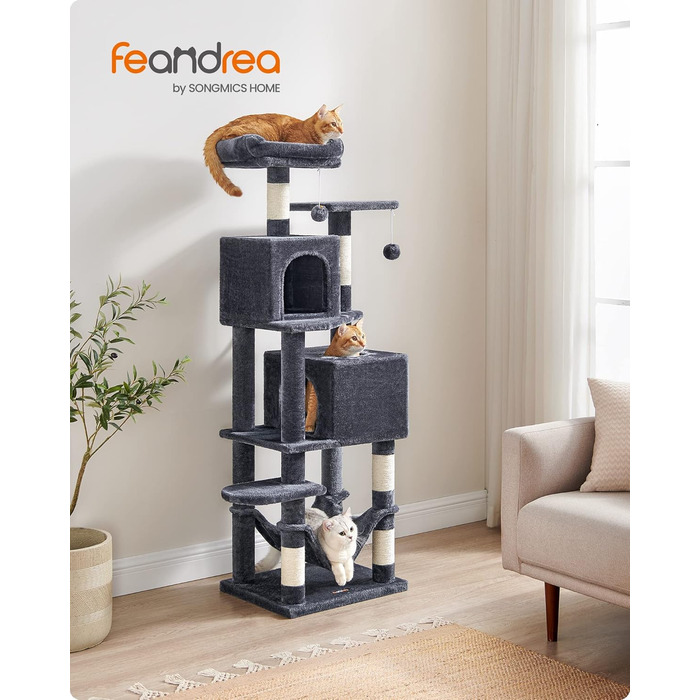Котячий комплекс Feandrea 155 см, багаторівневий, 5 стовпців для дряпання, 2 платформи, 2 будиночки, гамак, іграшки, плюш, сірий