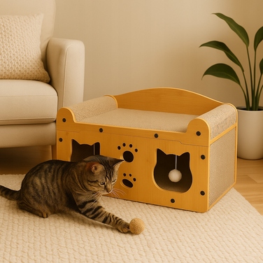 Дряпка для котів GLOBANI коричнева, картонна, до 60 см, з лежаком та іграшками