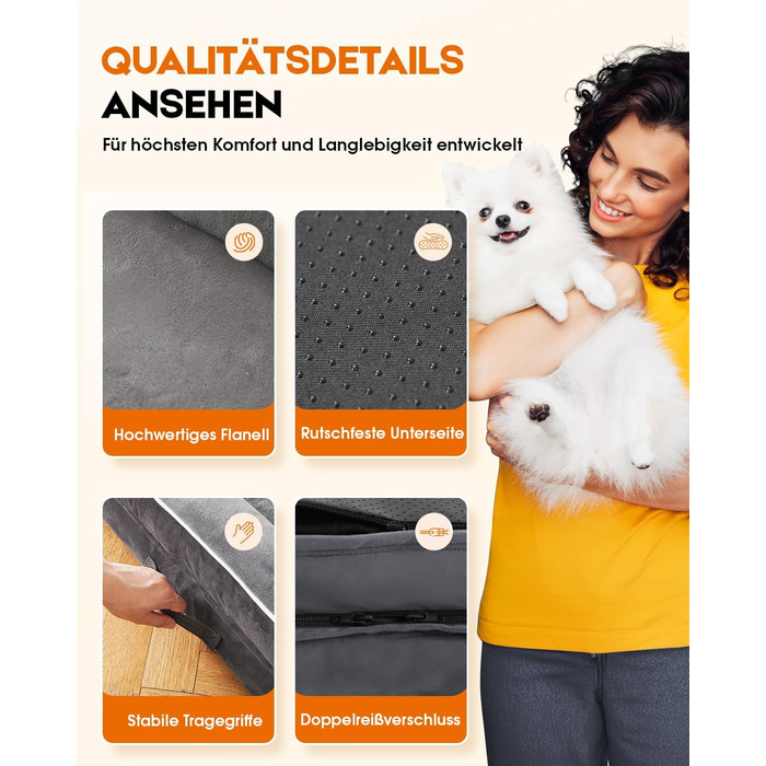 Ортопедичне ліжко для собак великих порід, кошик для собак, що можна прати, з піною у формі яйця, водовідштовхуване ліжко для собак з неслизьким дном та чотиристоронньою подушкою (сірий, 61x91x18 см)