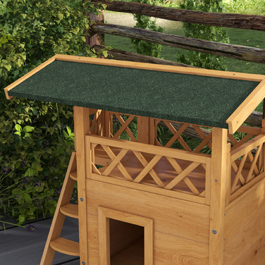 PawHut Cat House 2-поверховий з асфальтовим дахом і балконом, вілла для кішок з масиву дерева зі сходами, натуральна, 77x50x73см| Аосом