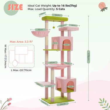 PAWZ Road великий багаторівневий когтеточка-дерево для котів 175 см, з 5 сизалевими стовпчиками, 2 туалетами, кошиком, гамаком і плюшевими лежаками, рожевий, для великих котів