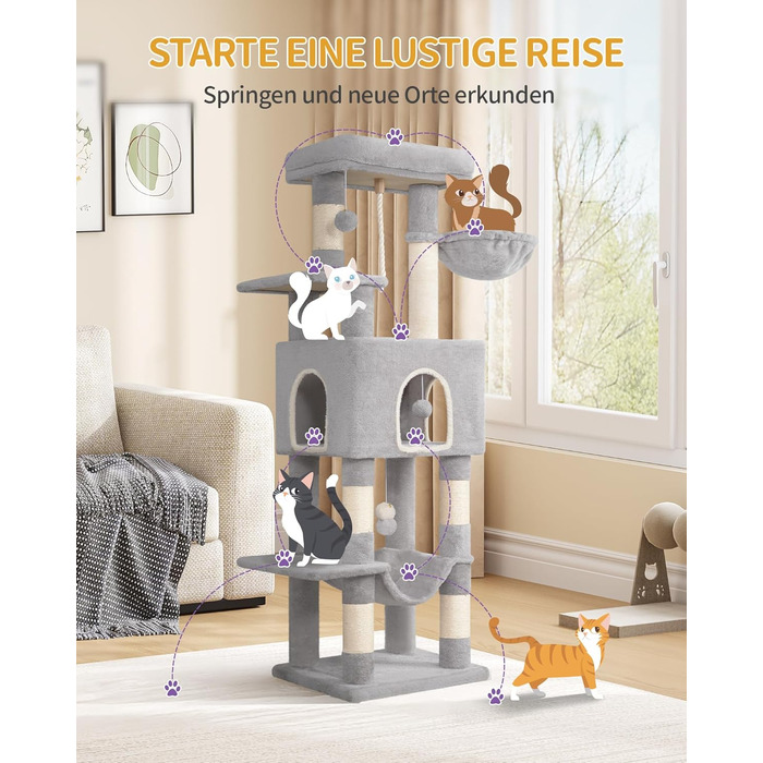 Когтедрашка для котів Hzuaneri, 149 см, з 5 когтеточками, платформами, будиночком, помпонами, сірого кольору MS14918LG