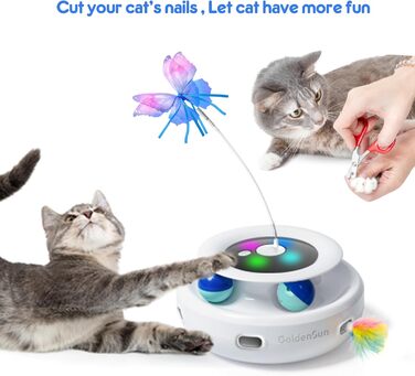 Електрична іграшка для котів GoldenSun 3-в-1: Whack-A-Mole, метелик, м'ячик. USB, 6 насадок, A-Weiß (Z 3 Schmetterling)