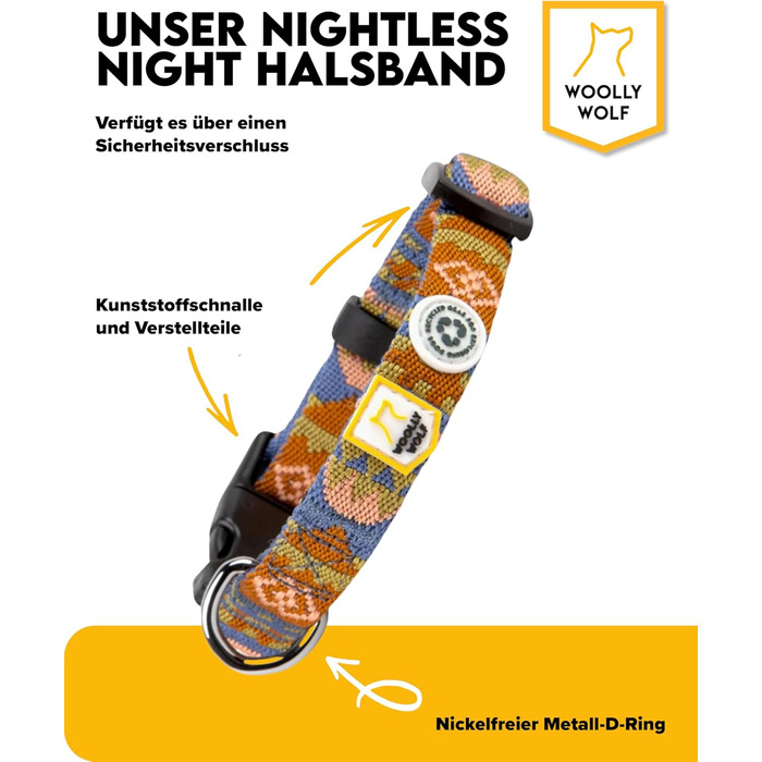 Нашийник для собак середнього розміру Woolly Wolf Nightless Night, розмір M - регульований нашийник з переробленого поліестеру, зручна посадка
