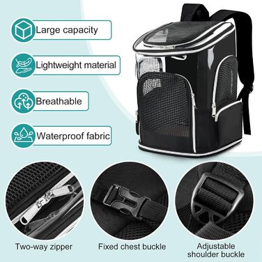 Рюкзак для тварин: переноска для собак та котів, до 9 кг, з сіткою та мискою, чорний