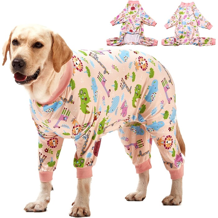 LovinPet Одяг для великих собак: піжама для собак великих порід, вузька посадка, легкий пуловер, повне покриття, з принтом рожевого кольору, розмір 3XL