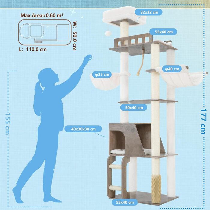 Дерев'яний кігтетопор Hey-brother Holz Kratzbaum 184см для великих котів, багатоярусний, зі стійкою платформою, кошиком, будиночком, щіткою та драбиною (Gris Vintage)