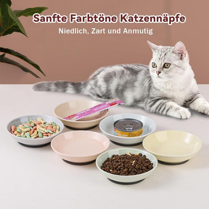 Набори мисок для котів з кераміки Katzennäpfe - 6 шт. Миски для корму котів у пастельних тонах. Широкі, плоскі, з міні-силіконовими подушечками. Підходять для мікрохвильової печі та мийки. Об'єм 250 мл, 6 кольорів