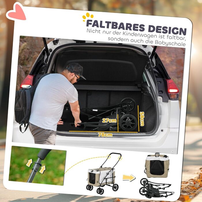 PawHut 2-в-1 візок для собак та котів, розкладний, до 10 кг, з подушкою, сітковими віконцями, дверима та кошиком для зберігання, темно-зелений (хакі)