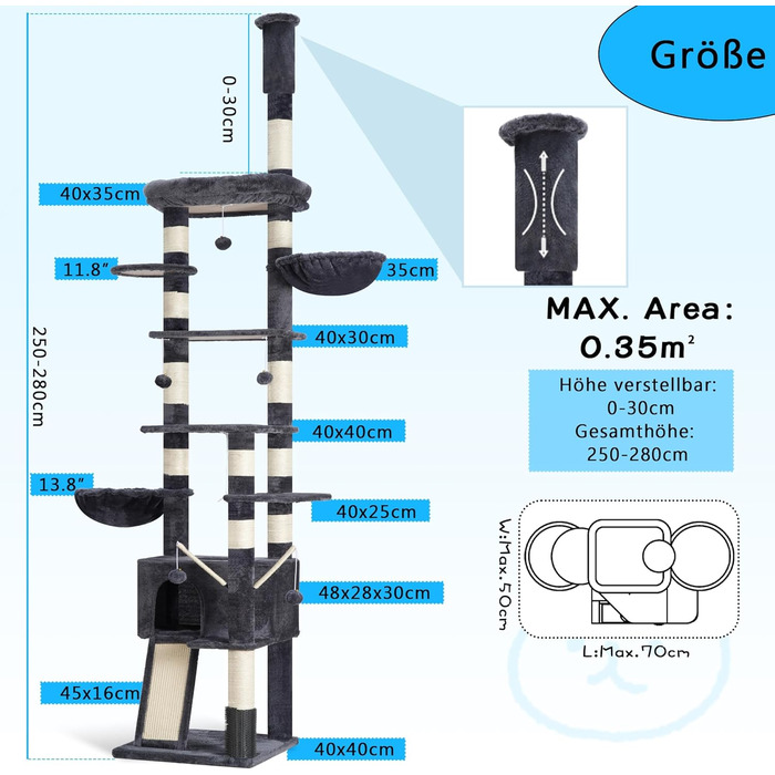 Котячий будиночок Hey-brother Kratzbaum: регульований котячий комплекс 250-280 см, до стелі, для великих котів, з гніздом, сірий (0MPJ091W)