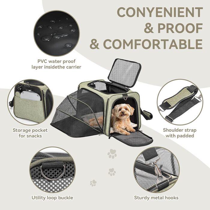 Транспортна сумка для котів та собак Petsfit, розширювана переноска з плечовим ременем, сумка-переноска для собак та котів, авіапереноска, оксфордська тканина, M, зелений колір