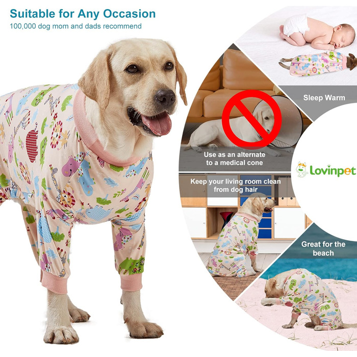 LovinPet Одяг для великих собак: піжама для собак великих порід, вузька посадка, легкий пуловер, повне покриття, з принтом рожевого кольору, розмір 3XL