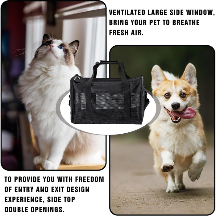 Транспортна сумка для кота та собаки, складана переноска для тварин, переноска для маленьких собак та котів, переноска для собак з регульованим плечовим ременем, переноска для кота в авто, літак та поїзд (чорний, M)