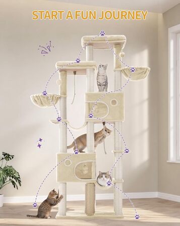 Комплекс для котів Hzuaneri Kratzbaum XXL 213 см: Дряпка-стовпчик, 2 платформи, 2 печери, 2 гамаки, кошик, щітка, помпони, для мейн-кунів, бежевий MS21418YL