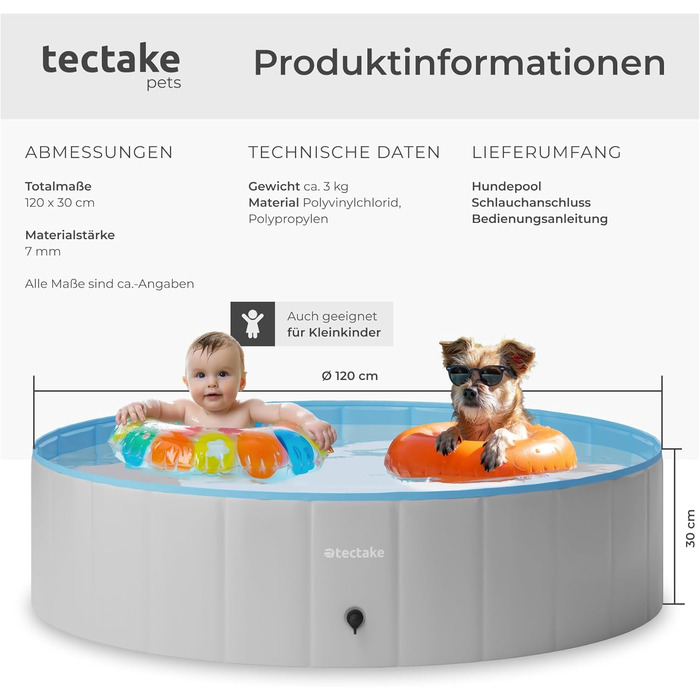 Басейн Tectake® для собак та дітей: надувний, складний, діаметр 120 см