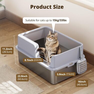 Лоток для котів PawGiant XXL з нержавіючої сталі, високий бортик, металевий туалет для великих котів, не прилипає, без запаху, герметичний, зі совком