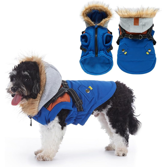 Тепла куртка-худі для собак маленьких та середніх порід, водонепроникна та вітронепроникна. З світловідбиваючим кріпленням для шлейки. Синій колір, розмір X