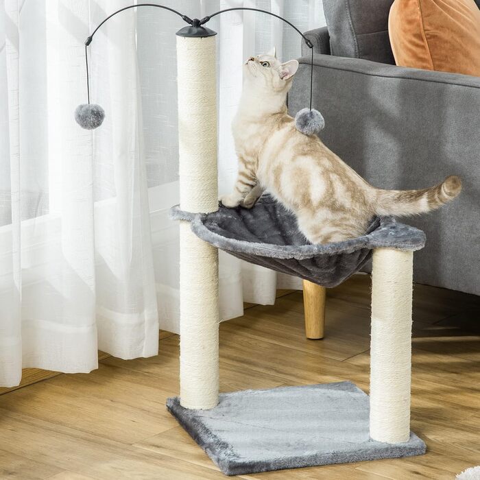 Дряпка для котів PawHut з гамаком, іграшкою, сірий, 39,5x39,5x83 см