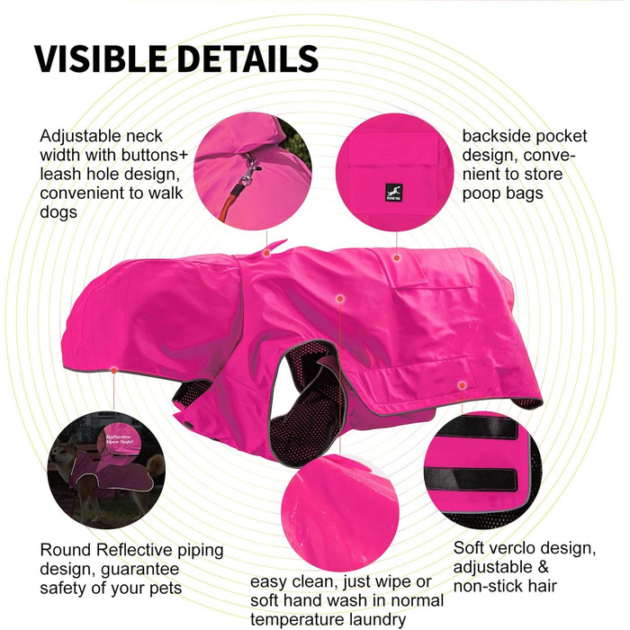 Дощовик для собак, м'який та зручний, з відбиваючими елементами, регульований, легкий в одяганні, отвір для повідка, розміри S - XXXXXL (Рожевий, M)
