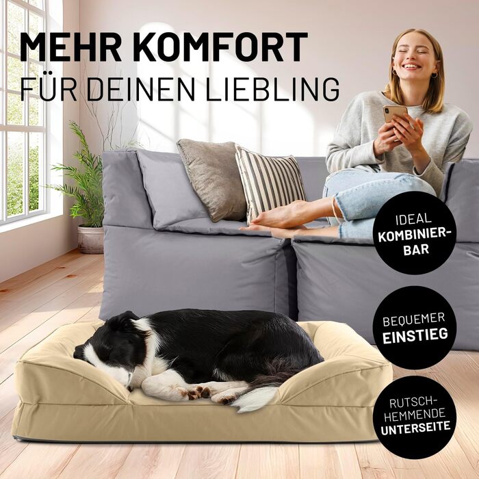 Ортопедичне собаче ліжко Lumaland Outdoor & Indoor | Ергономічне собаче ліжко-софа 90x65 см - ідеально для середніх собак | Нековзне дно | Зручна вага та знімне прання | Водонепроникне собаче гніздо In- & Outdoor - Бежеве 90 x 65 см - M