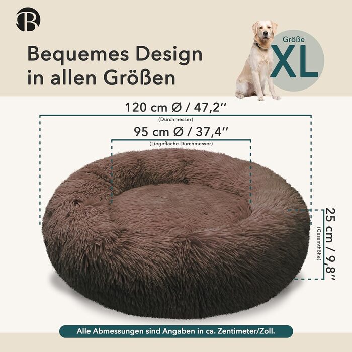 Кругле ліжко для собак великих порід, 120 см, м'яке, пухнасте, ергономічне, знімний чохол, колір: Кофе XL-120 см