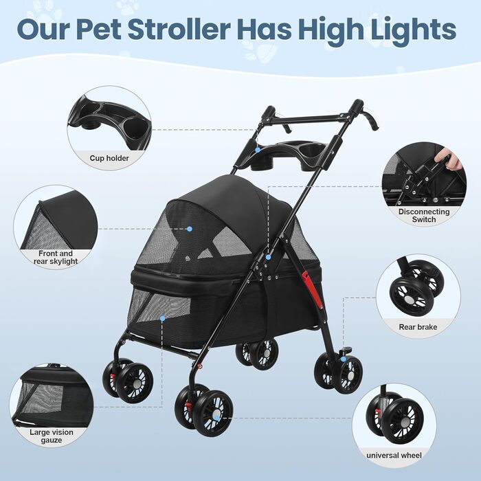 Транспортувальна візок для собак, легкий та складаний, з регульованим козирком, анти-вислизання, гальма та багажник (до 10 кг), чорний