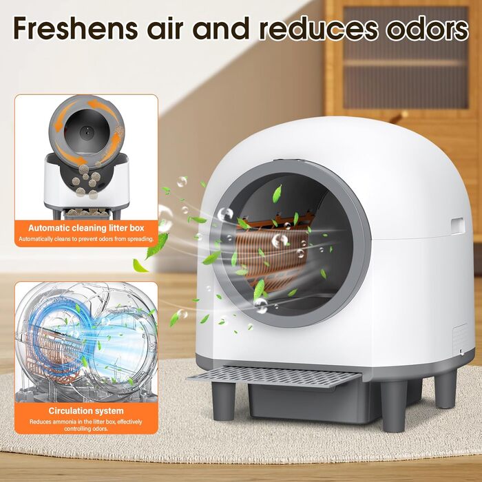 Автоматичний туалет для котів XXL, 80 л, самоочищення, керування через додаток, датчики безпеки, нейтралізація запаху, система безпечного зупинення, білий