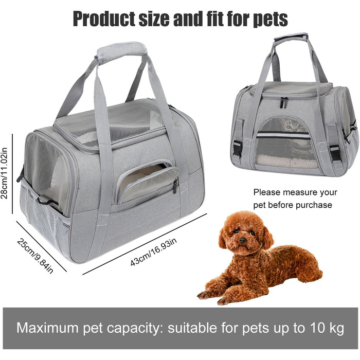 Транспортна сумка для тварин ZSMJAER з підстилкою з флісу, для котів та малих собак до 10 кг, сірого кольору