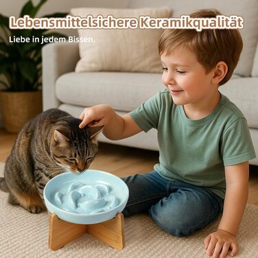 Антислизький годівниця для котів з кераміки з металевим підставкою - Підвищена годівниця проти захлинування - Лабіринтова миска для повільного годування - Рожевий (миска + бамбук - білий)