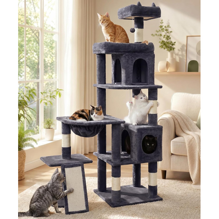 Комплекс для котів Kratzbaum XL 173 см, сірий: кігтеточка, будиночки, майданчики, кошик