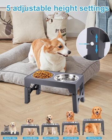 Підвищена годівниця для собак Тоарен, 2 миски з нержавіючої сталі, регульована висота, для великих, середніх та маленьких собак