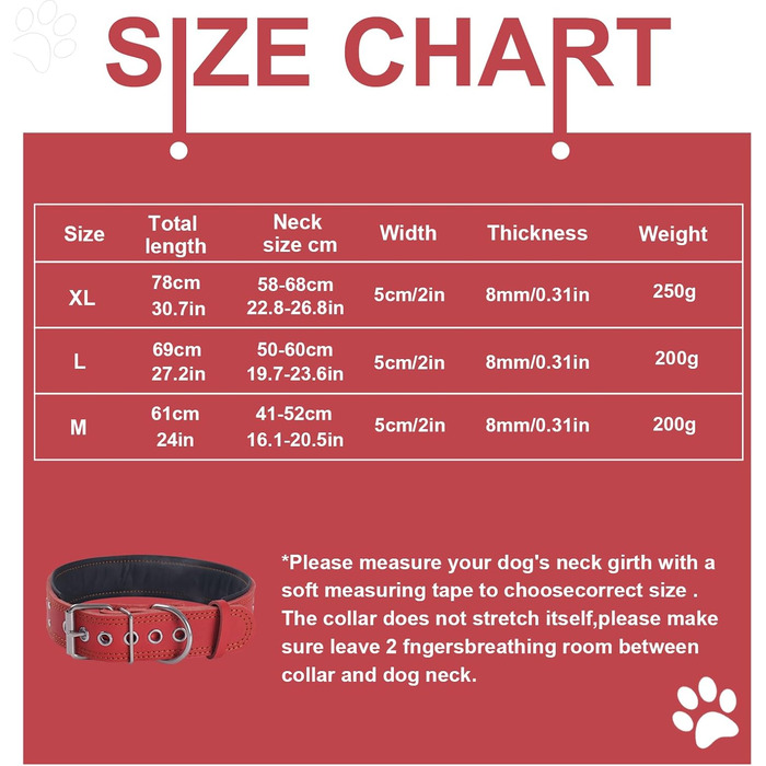 Нашийник для собак з натуральної шкіри, XL, червоний. Товстий, м'який, 5 см, для середніх та великих порід