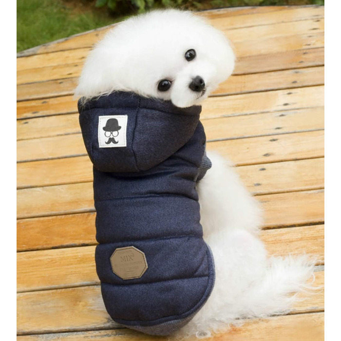 Теплий зимовий одяг для собак: тепла куртка-худі для собак маленьких та середніх порід, розмір L (обхват грудей 42 см), колір: блакитний з баранчими вушками