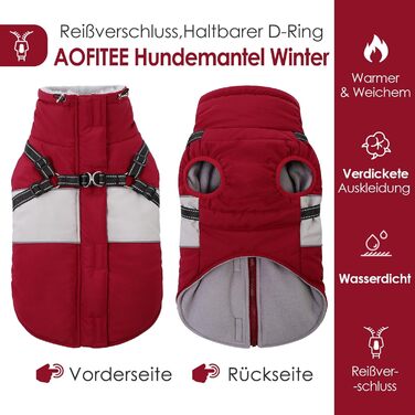 Теплий зимовий одяг для собак AOFITEE: куртка, жилет, водонепроникний, для великих порід (лабрадор, віндгорн, голден ретрівер), 2XL, бордовий