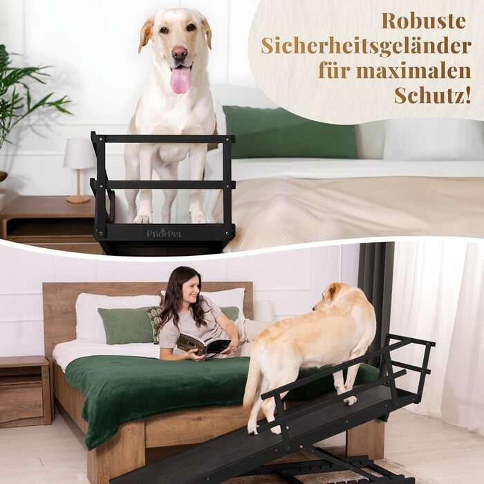 Східці для собак до ліжка з захисним бар'єром - для великих собак до 90 кг - регульована висота до 94.5 см - ширина 49.5 см - складані - антиковзні ручки - береза - натуральний колір (чорний)
