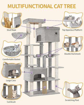 Котячий будиночок Hzuaneri XXL з 10 стовпчиками для дряпання, 2 печерами, 2 гамаками, великою платформою, щітками для котів, кошиком. Підходить для Maine Coon, великих котів, сірий колір MS20018LG