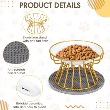 Підвищені годівниці для котів 2 шт. з кераміки з металевим підставкою, миски для котів з силіконовим килимком, станція для годування котів, миски для котів для їжі та води (Золотий)