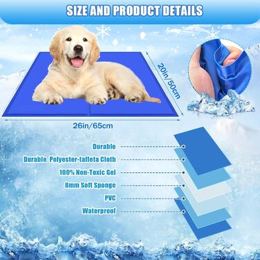 Килимок охолоджуючий для собак, 65 x 50 см, самоохолоджуючий, блакитний. Безпечний гель, легко миється, освіжає у спеку.