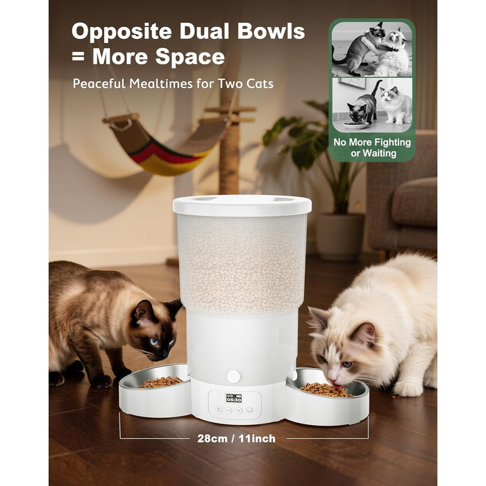 Автоматичний годівниця для котів та собак Gimars 5L з LCD-дисплеєм, 2 миски, програмування, 1-6 прийомів їжі, голосовий запис, білий колір