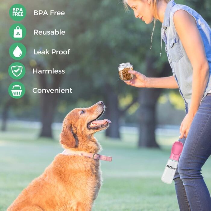 Водяна пляшка для собак на ходу 550 мл з контейнером для корму 100 г - витоку небезпечна водяна пляшка для собак з великим об'ємом, підходить для собак і цуценят, аксесуари для собак в дорогу (рожевий)