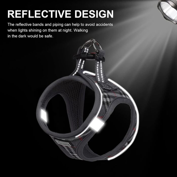 Нашийник для собак маленьких порід з повідком, анти-тягнучий, світловідбиваючий, дихаючий, нагрудник для цуценят (S, обхват грудей: 29-33см) (Сірий в клітинку, XL (обхват грудей: 46-53см, вага: 8-10.5кг))