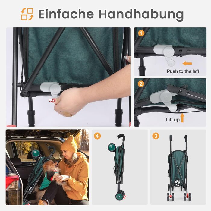 Візок для собак Regenschirm Hundebuggy для маленьких собак 10-9 кг, складний, легкий (4,1 кг), з подвійним ременем на плечі, кошиком для зберігання, тримачем для напоїв, темно-зелений