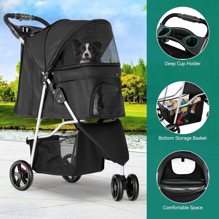 Візок для собак та котів YITAHOME 15 кг, чорний, з трьома колесами, сітчастим вікном та гальмами