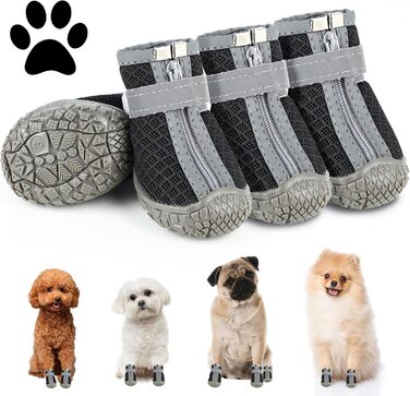 Чоботи для собак, захист подушечок лап, Outdoor, 4 шт. З відбиваючим кріпленням на липучці, дихаючі, регульовані, для малих та середніх собак (Чорний, 5)