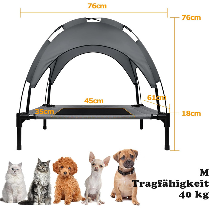 Підвищене собаче ліжко з дахом, сонцезахист, ліжко для тварин з балдахіном, лежанка для собак на вулицю, диван для собак, неслизькі підніжки, водонепроникний дах та дихаюча сітка, L 61x46x61cm (M-76x61x76cm)