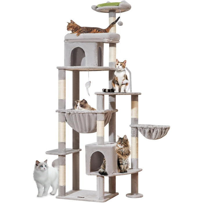 Котячий будиночок Taoqimiao MS032G: великий когтетоп для дорослих котів, XXL, міцний, з 8 стовпчиків для дряпання та великою гамаком (світло-сірий)