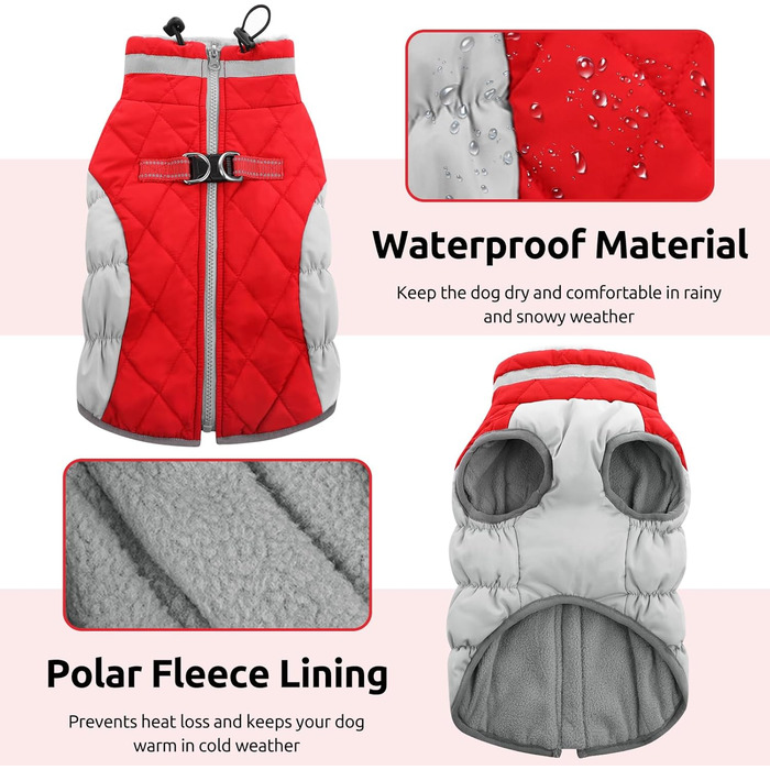 Водонепроникний зимовий теплий одяг для собак великих порід з флісовою підкладкою та світловідбиваючими елементами, червоний