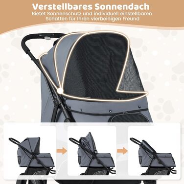 Візок для тварин Costway, розкладний, до 25 кг, для собак та котів, 3 колеса, регульований дах, сітчасте вікно, кошик та подушка, сірий